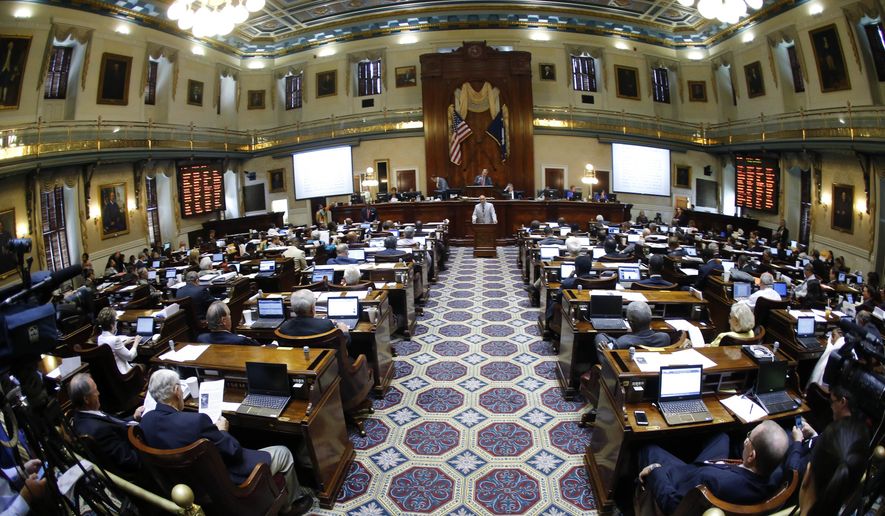 FILE - In this Wednesday, July 8, 2015, file photo, Rep. Mike Pitts, R-Laurens, speaks on the floor of the South Carolina House in Columbia, S.C. Even in a deeply red state like South Carolina, where all statewide offices are held by Republicans, Democrats are making some inroads in the legislature. South Carolina Democrats on Tuesday, Nov. 6, 2018, wrested two state House seats from Republican incumbents. (AP Photo/John Bazemore, File)
