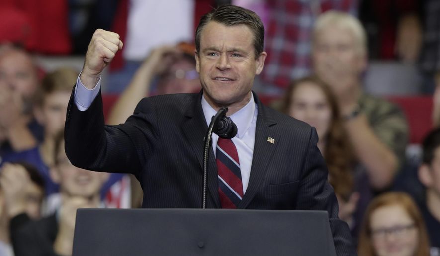 Sen. Todd Young, R-Ind., speaks at a campaign rally featuring President Donald Trump at the Allen County War Memorial Coliseum in Fort Wayne, Ind., Monday, Nov. 5, 2018. (AP Photo/Michael Conroy)