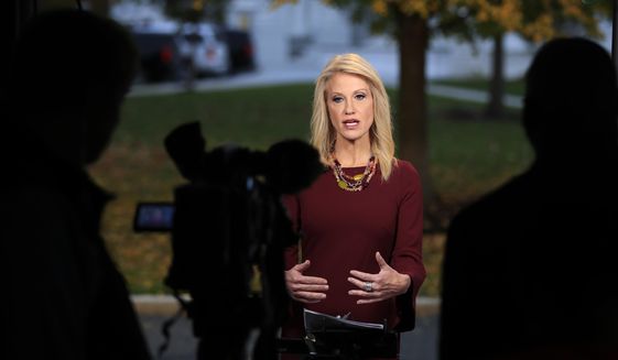 Counselor to President Donald Trump Kellyanne Conway, is interviewed on television at the White House&#39;s North Lawn in Washington, Wednesday, Nov. 7, 2018. (AP Photo/Manuel Balce Ceneta)