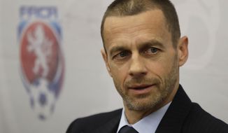 In this Tuesday, March 21, 2017 file photo, UEFA president Aleksander Ceferin addresses the media at a news conference in Prague, Czech Republic. Aleksander Ceferin is set to be re-elected as head of European soccer after no challenger entered the contest for the UEFA presidency. The deadline for candidates ahead of the election in February passed on Wednesday Nov. 7, 2018. (AP Photo/Petr David Josek, File)