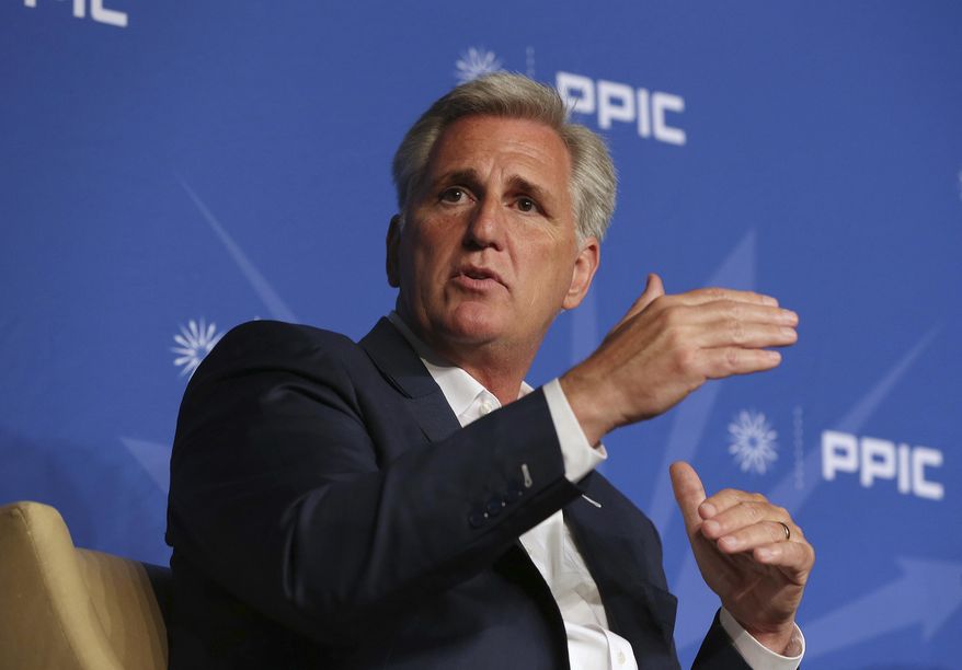 FILE - In this Aug. 15, 2018 file photo, Rep. Kevin McCarthy, R-Calif., answers a question during his appearance with the Public Policy Institute of California, in Sacramento, Calif. Republicans lost their majority in this week&#39;s midterm elections, and conservatives are blaming the GOP establishment and angling for changes. McCarthy burned up the phone lines Thursday, Nov. 8, 2018, shoring up his support. (AP Photo/Rich Pedroncelli, File)