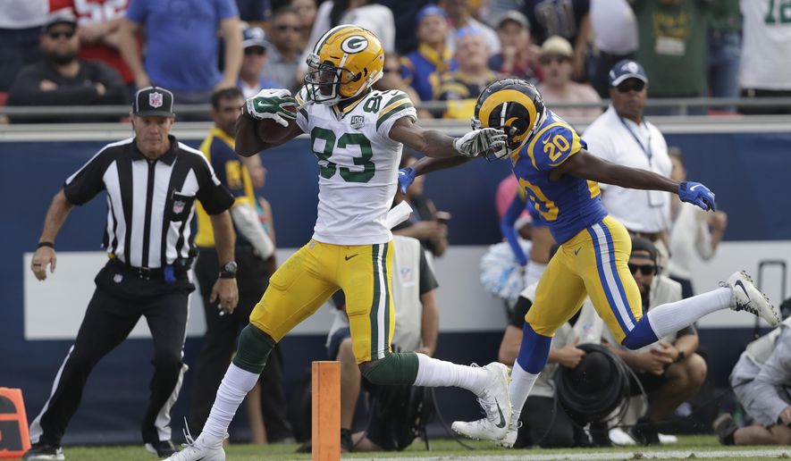 FILE - In this Oct. 28, 2018, file photo, Green Bay Packers wide receiver Marquez Valdes-Scantling scores a touchdown during the second half of an NFL football game against the Los Angeles Rams in Los Angeles. The rookie out of South Florida is making plays when his number is called. Now, he’s about to get more consistent playing time after Geronimo Allison went on injury reserve. Green Bay hosts the Miami Dolphins on Sunday. (AP Photo/Marcio Jose Sanchez)