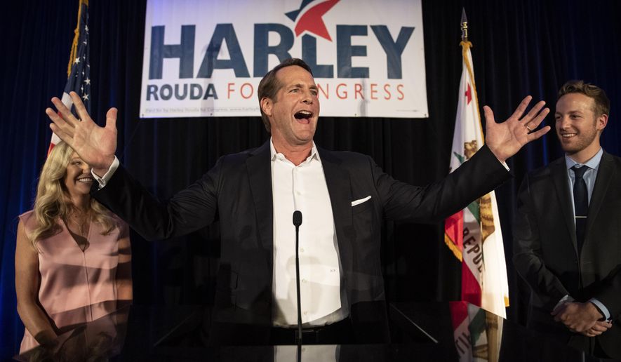 Harley Rouda, Democratic congressional candidate in the 48th district, addresses his supporters at his election night party Tuesday, Nov. 6, 2018, in Newport Beach, Calif. (AP Photo/Kyusung Gong)