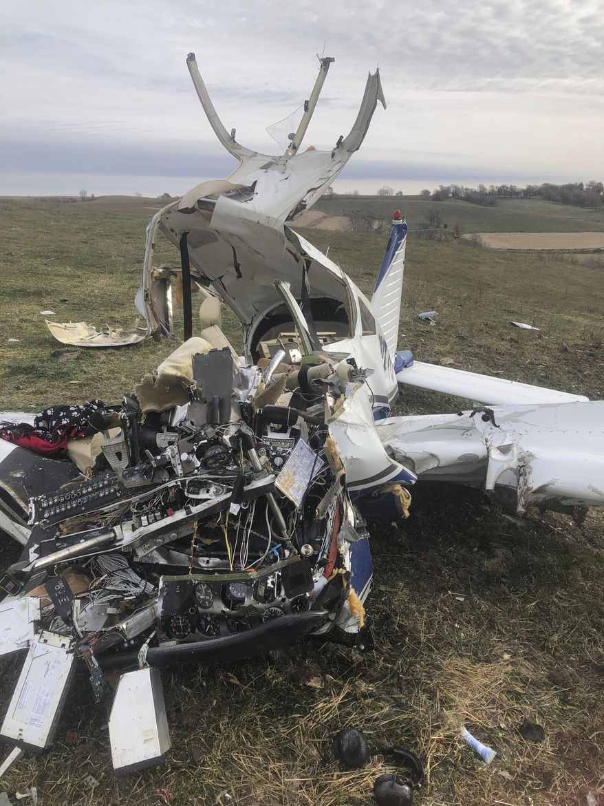 This Saturday, Nov. 10, 2018 photo provided by Guthrie County Sheriff&#39;s Department in Iowa shows the scene where a small plane crashed in central Iowa, killing all four people on board, including a teenage girl. Guthrie County Sheriff&#39;s Deputy Jesse Swensen says the plane was reported missing shortly after it took off Friday, Nov. 9,  from the Le Mars Municipal Airport in northwestern Iowa. He says the wreckage was found at around 6:30 a.m. Saturday in a cattle pasture southwest of Guthrie Center,  (Guthrie County Sheriff&#39;s Department via AP)