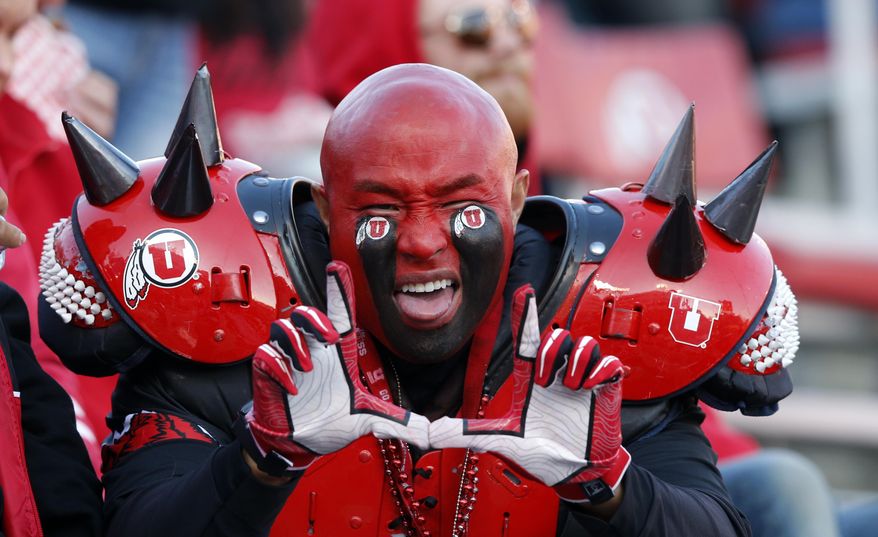 A Utah fan shows his support in the first half during an NCAA college football game against Oregon Saturday Nov. 10, 2018, in Salt Lake City. (AP Photo/Rick Bowmer)
