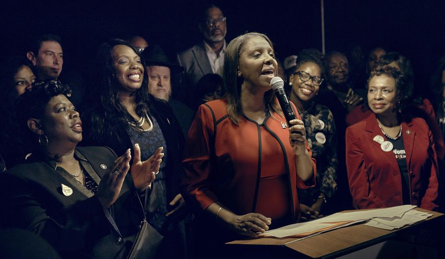 FILE - In this Nov. 6, 2018, file photo, Letitia James, D-NY, speaks to supporters after winning the New York Attorney General's race in New York. James, who made history that night as the first African-American woman elected to hold statewide New York office as the state attorney general, said the example set by the late Rep. Shirley Chisholm matters all this time later because "we're fighting for the same people who don't have a voice at the table." (AP Photo/Andres Kudacki, File)