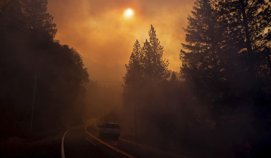 A vehicle drives through smoke from a wildfire near Pulga, Calif., Sunday, Nov. 11, 2018. (AP Photo/Noah Berger, File)