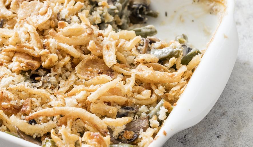 This undated photo provided by America's Test Kitchen in November 2018 shows a make-ahead green bean casserole in Brookline, Mass. This recipe appears in the cookbook "Complete Make-Ahead." (Daniel J. van Ackere/America's Test Kitchen via AP)