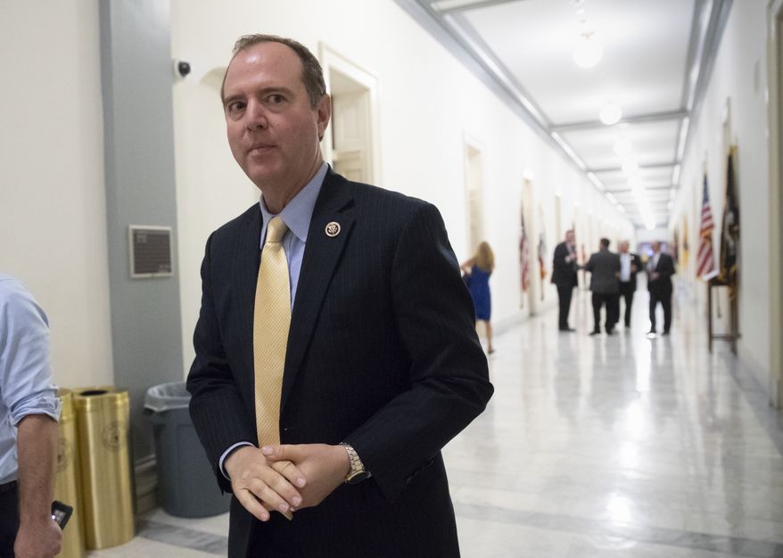Rep. Adam Schiff, D-Calif., ranking member of the House Intelligence Committee, arrives to interview Simona Mangiante Papadopoulos, wife of former Donald Trump campaign adviser George Papadopoulos at a closed-door meeting with Democrats on the House intelligence committee, on Capitol Hill in Washington, Wednesday, July 18, 2018. George Papadopoulos pleaded guilty last year to lying to investigators about his contacts with people linked to Russia during the campaign. (AP Photo/J. Scott Applewhite)