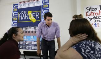 In this file photo taken Thursday, Oct. 25, 2018, Josh Harder the Democratic candidate for the California 10th Congressional District, talks with supporters Rebecca, left, and Michelle Tennell, right, in Modesto, Calif. (AP Photo/Rich Pedroncelli) ** FILE **