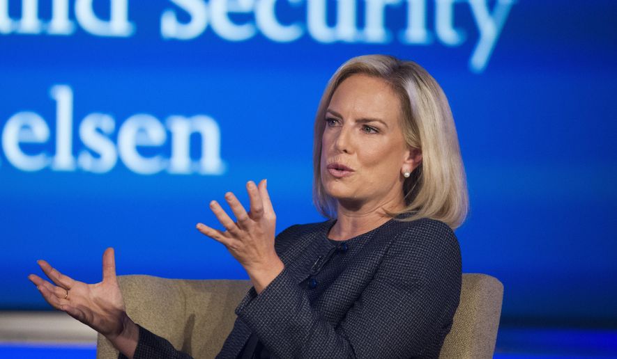 In this Sept. 5, 2018, file photo, Secretary of Homeland Security Kirstjen Nielsen speaks to George Washington University&#x27;s Center for Cyber and Homeland Security, in Washington. (AP Photo/Cliff Owen)