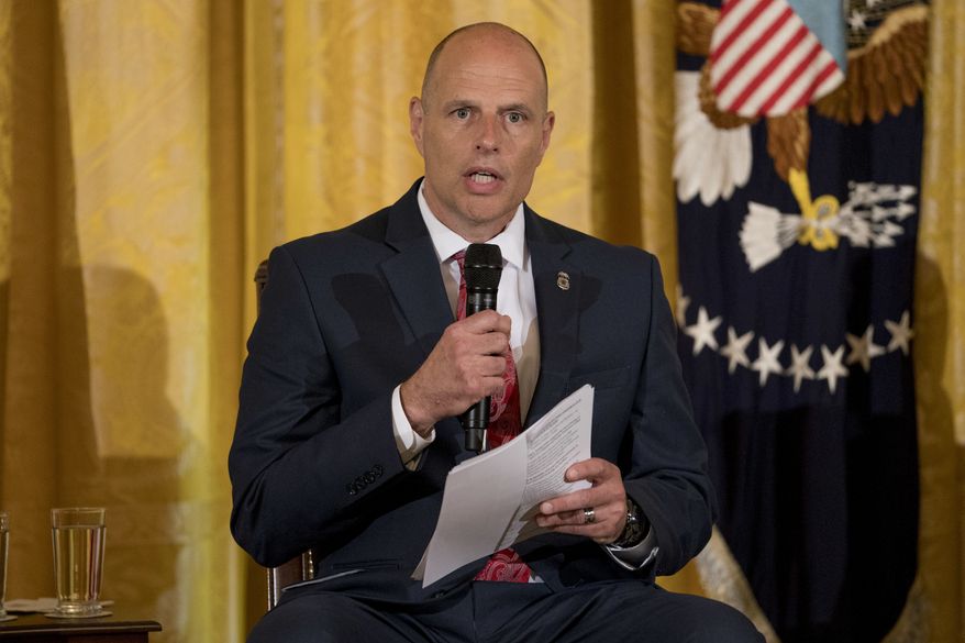 Acting Director of U.S. Immigration and Customs Enforcement Ronald Vitiello speaks during a roundtable during an event to salute U.S. Immigration and Customs Enforcement (ICE) officers and U.S. Customs and Border Protection (CBP) agents in the East Room of the White House in Washington, Monday, Aug. 20, 2018. (AP Photo/Andrew Harnik)