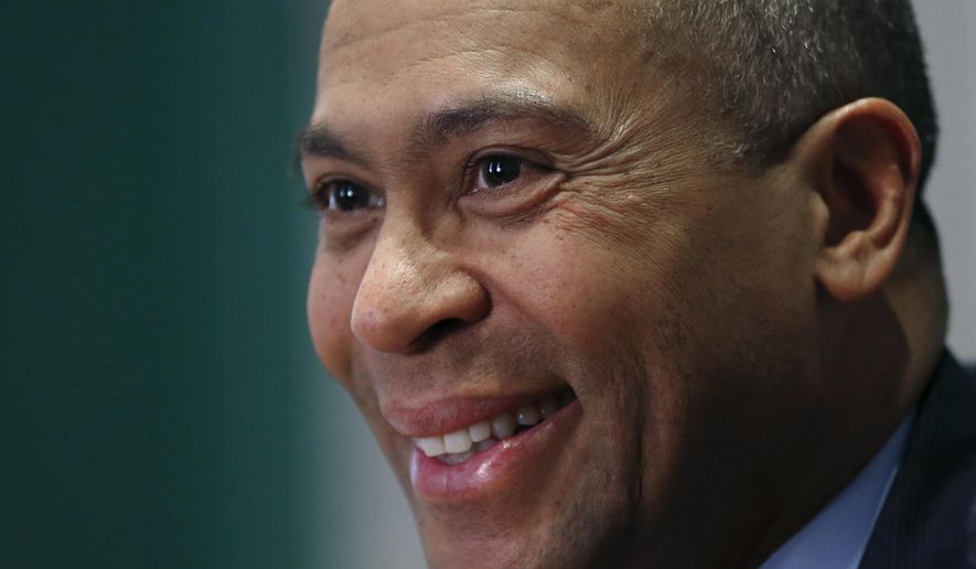 In this Dec. 15, 2014, file photo, Massachusetts Gov. Deval Patrick speaks during an interview at his Statehouse office in Boston. Following the midterm elections, Democrats pondering 2020 presidential bids are pivoting from campaigning for other candidates across the country to refocusing on their own efforts, including making moves in early-voting states like South Carolina. Former Massachusetts Patrick is set to deliver a keynote address on Friday, Nov. 16, 2018, at an Urban League fundraiser in Charleston. (AP Photo/Elise Amendola, File)