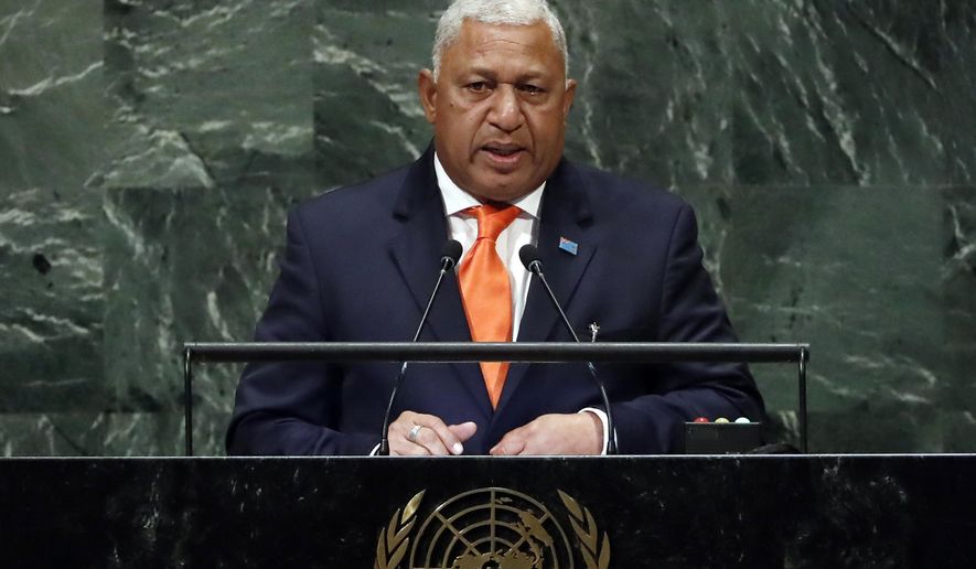 FILE - In this Friday, Sept. 28, 2018, file photo, Fiji&#x27;s Prime Minister Josaia Voreqe Bainimarama addresses the 73rd session of the United Nations General Assembly, at U.N. headquarters, in New York. Opinion polls indicate Bainimarama is poised to win a second term in Fiji&#x27;s general election Wednesday after he first held democratic elections in 2014, eight years after he seized power in a coup. (AP Photo/Richard Drew, File)