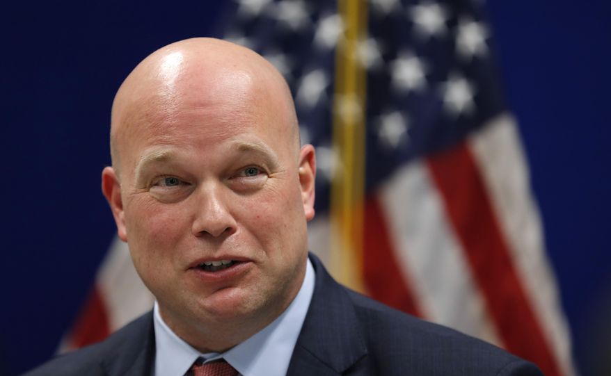 Acting Attorney General Matthew Whitaker speaks to state and local law enforcement officials at the U.S. Attorney&#39;s Office for the Southern District of Iowa, Wednesday, Nov. 14, 2018, in Des Moines, Iowa. (AP Photo/Charlie Neibergall)