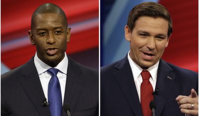 FILE - In this combination of Oct. 21, 2018 file photos Florida Democratic gubernatorial candidate Andrew Gillum, left, and Florida Republican gubernatorial candidate Ron DeSantis speak during a CNN debate in Tampa, Fla. Races for governor, legislative seats and other state-level offices have attracted more than $2 billion in campaign contributions this year. That nearly matches contributions to congressional elections, the highest profile political events this year. The top states this year for reported contributions to candidates are, in order, Illinois, California, Texas, Florida, New York, Georgia and Pennsylvania.  Polls have consistently shown a tight race in Florida between DeSantis, a loyalist to President Donald Trump, and Tallahassee Mayor Gillum. (AP Photo/Chris O&#39;Meara, Files)
