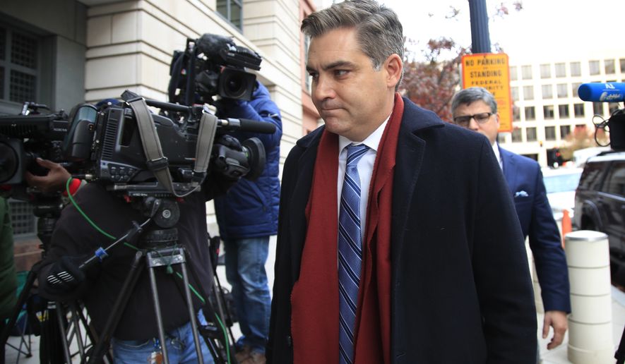 CNN&#x27;s Jim Acosta walks into federal court in Washington, Wednesday, Nov. 14, 2018, to attend a hearing on a legal challenge against President Donald Trump&#x27;s administration. Trump&#x27;s administration contends it has &quot;broad discretion&quot; to regulate press access to the White House as it fends off a legal challenge from CNN and other outlets over the revocation of Acosta&#x27;s &quot;hard pass.&quot; (AP Photo/Manuel Balce Ceneta)