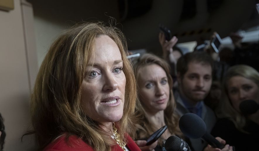 Rep. Kathleen Rice, D-N.Y., talks to reporters about her opposition to House Minority Leader Nancy Pelosi, D-Calif., becoming the speaker of the House when the Democrats take the majority in the 116th Congress, in the basement of the Capitol in Washington, Thursday, Nov. 15, 2018. (AP Photo/J. Scott Applewhite) **FILE**