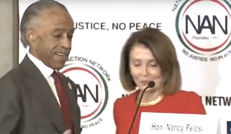 House Minority Leader Nancy Pelosi of California shares the stage with Rev. Al Shaprton at National Action Network’s Legislative &amp; Policy Conference, Nov. 14, 018. (Image: C-SPAN video screenshot) ** FILE **