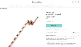 Screen capture from the website for Tiffany &amp; Co. showing a sterling silver drinking straw for sale. The iconic New York jeweler is just one of many retailers seeking to cash in on eco-conscious consumers who want durable alternatives to single-use plastic straws. [https://www.tiffany.com/accessories/games-novelties/everyday-objects-rose-gold-vermeil-crazy-straw-60559023?trackpdp=pr]