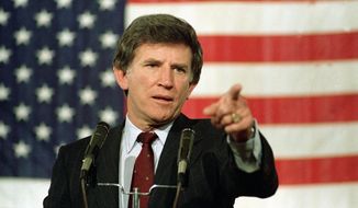 In this April 14, 1987, file photo, Democratic presidential hopeful Gary Hart fields a question during a news conference in Denver. (AP Photo/Ed Andrieski) **FILE**