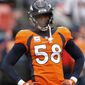FILE - In this Oct. 14, 2018, file photo, Denver Broncos linebacker Von Miller (58) warms up prior to an NFL football game against the Los Angeles Rams, in Denver. Try as he might, Von Miller just can&#39;t find anything bad to say about Philip Rivers anymore.  &amp;quot;I&#39;ve always enjoyed going against Philip,&amp;quot; Miller said Thursday, Nov. 15, 2018. (AP Photo/David Zalubowski, File)