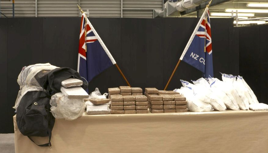 This image made from video shows a cocaine seizure at a police press conference in Auckland, New Zealand Friday, Nov. 16, 2018.  New Zealand police have made the country&#39;s largest cocaine seizure, with 190 kilograms (418 pounds) of the drug found in a container of bananas shipped from Panama. New Zealand police and customs officials say the cocaine was contained in five duffel bags on top of bananas in a shipment that arrived in Auckland from Balboa, Panama, in August. Police say a 41-year-old man has been arrested in Sydney after a joint operation with Australia&#39;s Federal Police and its Criminal Intelligence Commission. (NZ Herald via AP)