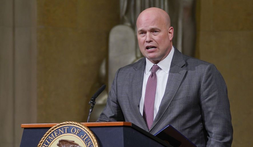 Acting Attorney General Matthew Whitaker speaks at the Dept. of Justice&#x27;s Annual Veterans Appreciation Day Ceremony, Thursday, Nov. 15, 2018, at the Justice Department in Washington. (AP Photo/Pablo Martinez Monsivais)