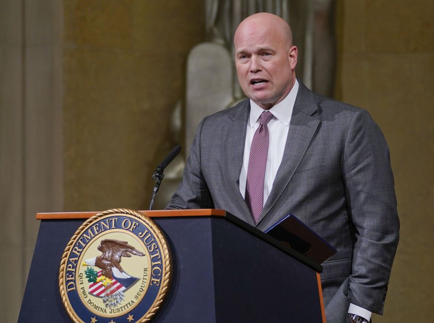 Acting Attorney General Matthew Whitaker speaks at the Dept. of Justice&#x27;s Annual Veterans Appreciation Day Ceremony, Thursday, Nov. 15, 2018, at the Justice Department in Washington. (AP Photo/Pablo Martinez Monsivais)