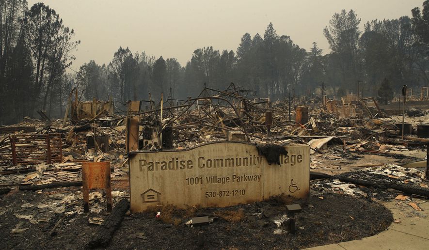 FILE- In this Tuesday, Nov. 13, 2018 file photo a sign stands at a community destroyed by the Camp fire in Paradise, Calif. Most homes are gone, as are hundreds of shops and other buildings. The supermarket, the hardware store, Dolly-O-Donuts & Gifts where locals started their day with a blueberry fritter and a quick bit of gossip, all gone. The town quite literally went up in smoke and flames in the deadliest, most destructive wildfire in California history. (AP Photo/John Locher, File)