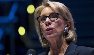 In this Sept. 17, 2018 file photo, Education Secretary Betsy DeVos speaks during a student town hall at National Constitution Center in Philadelphia. DeVos is proposing a major overhaul to the way colleges handle complaints of sexual misconduct. (AP Photo/Matt Rourke) ** FILE **