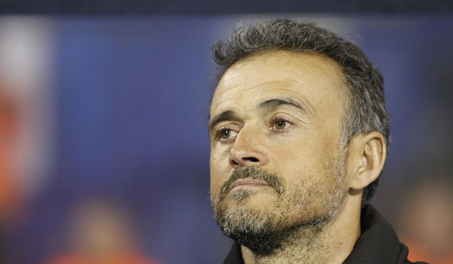 Spain coach Luis Enrique watches his players during the UEFA Nations League soccer match between Croatia and Spain at the Maksimir stadium in Zagreb, Croatia, Thursday, Nov. 15, 2018. (AP Photo/Darko Bandic)