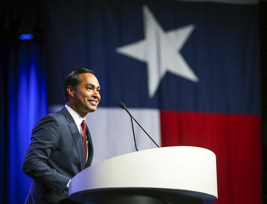 FILE - In this June 22, 2018, file photo, Julian Castro speaks at the start of the general session at the Texas Democratic Convention in Fort Worth, Texas. Castro said Friday, Nov. 16, 2018, that his decision on whether to jump into the 2020 presidential race won't be influenced by whether Texas' other big Democratic star, Beto O'Rourke, also makes a White House run.(AP Photo/Richard W. Rodriguez, File)