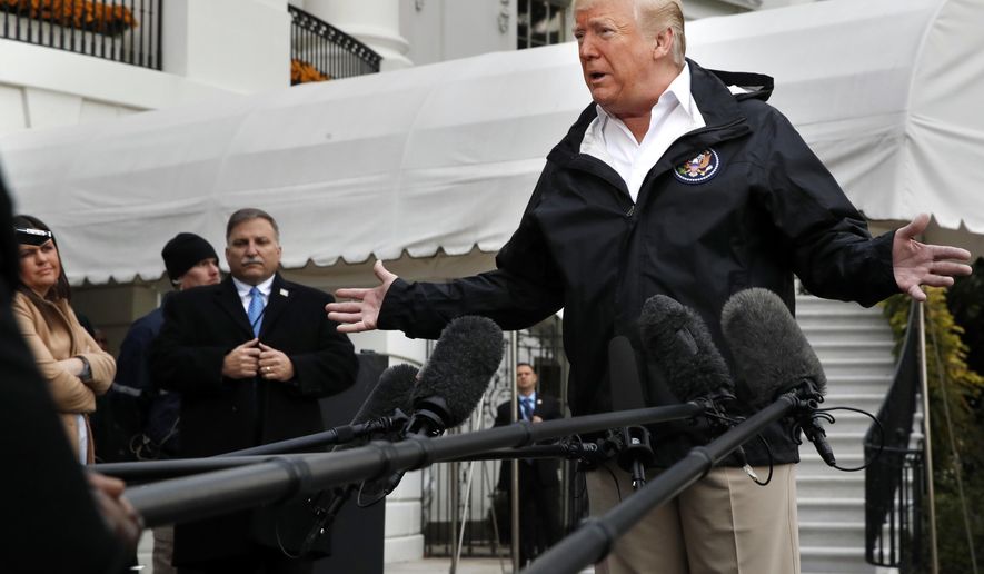President Donald Trump answers questions from members of the media as he leaves the White House, Saturday Nov. 17, 2018, in Washington, en route to see fire damage in California. At far left is White House press secretary Sarah Huckabee Sanders. (AP Photo/Jacquelyn Martin)