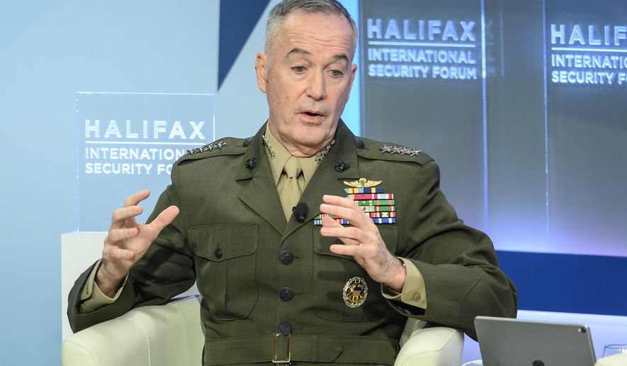 U.S. Chairman of the Joint Chiefs of Staff Joseph Dunford speaks at the Halifax International Security Forum in Halifax on Saturday, Nov. 17, 2018. Dunford says it’s problematic that American tech companies don’t want to work with the Pentagon but are willing to engage with the Chinese market. (Darren Calabrese /The Canadian Press via AP)