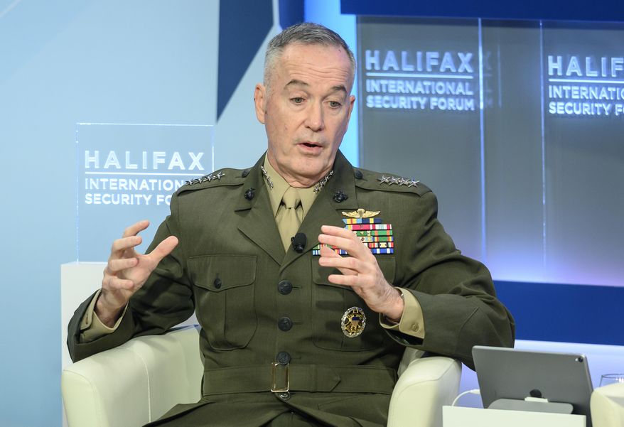 U.S. Chairman of the Joint Chiefs of Staff Joseph Dunford speaks at the Halifax International Security Forum in Halifax on Saturday, Nov. 17, 2018. Dunford says it’s problematic that American tech companies don’t want to work with the Pentagon but are willing to engage with the Chinese market. (Darren Calabrese /The Canadian Press via AP)