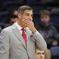 Villanova head coach Jay Wright reacts during the second half of an NCAA college basketball game against Furman, Saturday, Nov. 17, 2018, in Villanova, Pa. Furman won 76-68 in overtime. (AP Photo/Laurence Kesterson)