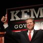 Georgia Republican gubernatorial candidate Brian Kemp gives a thumbs-up to supporters, Wednesday, Nov. 7, 2018, in Athens, Ga. (AP Photo/John Bazemore)
