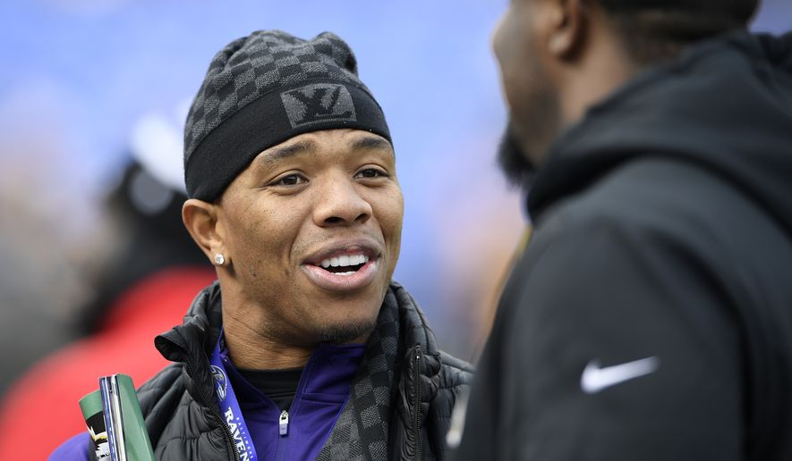 Former Baltimore Raven Ray Rice stands on the Ravens sideline before an NFL football game between the Ravens and the Cincinnati Bengals, Sunday, Nov. 18, 2018, in Baltimore. (AP Photo/Nick Wass) ** FILE **