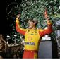 Joey Logano holds his steering wheel after winning the NASCAR Cup Series Championship auto race at the Homestead-Miami Speedway, Sunday, Nov. 18, 2018, in Homestead, Fla. (AP Photo/Terry Renna)