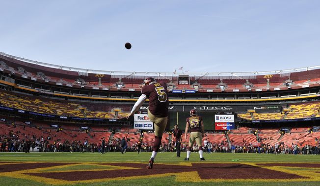 Washington Redskins punter Tress Way (5) warms up prior to an NFL football game against the Houston Texans, Sunday, Nov. 18, 2018, in Landover, Md. (AP Photo/Mark Tenally) ** FILE **