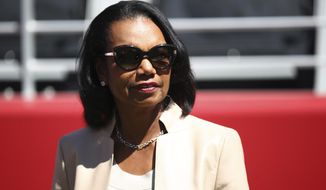 In this Sept. 16, 2018, file photo former Secretary of State Condoleezza Rice stands on the sidelines before the start of an NFL football game between the San Francisco 49ers and the Detroit Lions in Santa Clara, Calif. (AP Photo/Ben Margot, File)