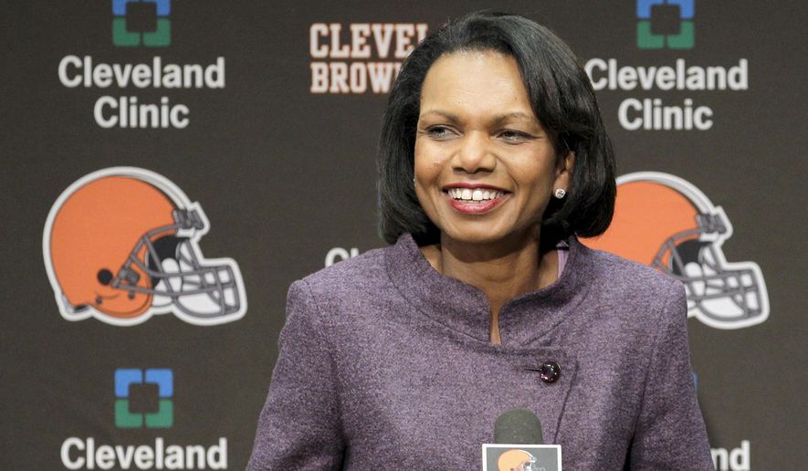 FILE- In this Oct. 21, 2010, file photo former Secretary of State Condoleezza Rice talks with the media after visiting with the Cleveland Browns coaches and players at the Browns training facility in Berea, Ohio. Browns general manager John Dorsey says the team has not discussed Rice as a candidate for its coaching vacancy. Rice is an avid Browns fan and has visited the team&#x27;s headquarters on numerous occasions in recent years. (AP Photo/Amy Sancetta, File)