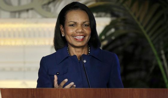 FILE- In this Feb. 4, 2016, file photo former U.S. Secretary of State Condoleezza Rice gestures while speaking at the NFL Women&#39;s Summit in San Francisco. Cleveland Browns general manager John Dorsey says the team has not discussed Rice as a candidate for its coaching vacancy. Rice is an avid Browns fan and has visited the team&#39;s headquarters on numerous occasions in recent years. (AP Photo/Ben Margot, File)