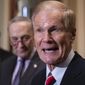 FILE- In this Tuesday, Nov. 13, 2018, file photo Sen. Bill Nelson, D-Fla., is joined by Senate Minority Leader Chuck Schumer, D-N.Y., left, at a news conference at the Capitol in Washington. Florida Republican Gov. Rick Scott is leading incumbent Nelson in the state’s contentious Senate race. Official results posted by the state on Sunday, Nov. 18, showed Scott ahead of Nelson following legally-required hand and machine recounts. State officials will certify the final totals on Tuesday. (AP Photo/J. Scott Applewhite)