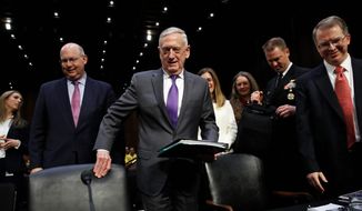 Defense Secretary James Mattis (center) has advised against lawmakers placing time constraints on the use of military force. (ASSOCIATED PRESS photographs)