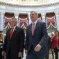Then-House Majority Leader Kevin McCarthy of Calif., center, and Rep. Bruce Westerman, R- Ark., left, walk to the House floor on Capitol Hill in Washington, Wednesday, June 27, 2018. (AP Photo/Andrew Harnik) ** FILE **