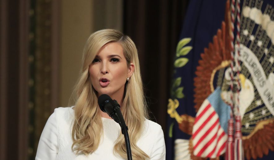 Ivanka Trump introduces her father President Donald Trump during the Interagency Task Force to Monitor and Combat Trafficking in Persons annual meeting at the Eisenhower Executive Office Building on the White House complex in Washington, Thursday, Oct. 11, 2018. (AP Photo/Manuel Balce Ceneta)