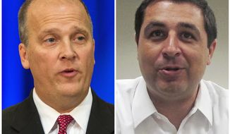 FILE - This combination of file photos shows the Wisconsin attorney candidates in the November 2018 election from left, incumbent Republican Attorney General Brad Schimel and Democrat challenger Josh Kaul. Schimel on Monday, Nov. 19, 2018, conceded to Kaul and announced he would not seek a recount, even though state law allowed it because the margin of his defeat was less than 1 percentage point. (AP Photo, File)