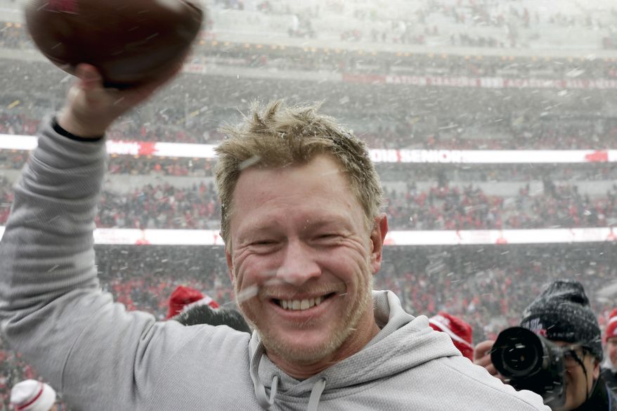 In this Nov. 17, 2018 photo, Nebraska head coach Scott Frost celebrates a 9-6 win over Michigan State in an NCAA college football game in Lincoln, Neb. Scott Frost's first Nebraska team is in position to finish with one more win than the Mike Riley-led Cornhuskers had a year ago. That would be no small accomplishment for the Huskers, who were the last power-five conference team to win this season following a program-worst 0-6 start. (AP Photo/Nati Harnik)